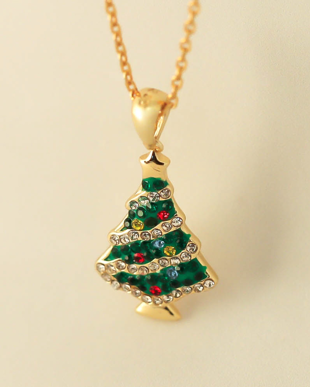 Gold Multicolor Christmas Tree Pendant Necklace 